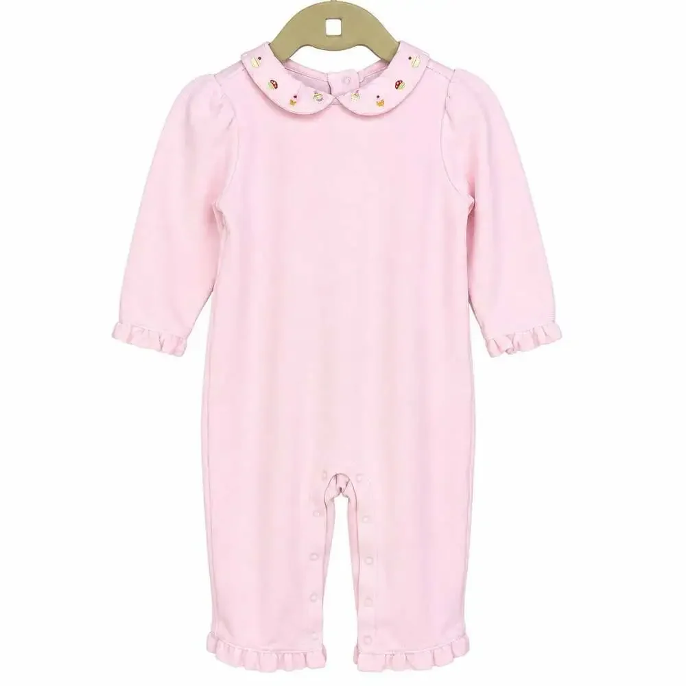 Gymboree Pink Cupcake Embroidered Velour Romper 12-18 Months Peter Pan Collar